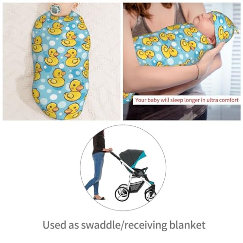 Image of Kawaii Happy Duck Newborn Swaddle Blankets Hat Sets Soft Baby Receiving Blanket Swaddle Sack for Baby Shower Infant Boy Girl Gift