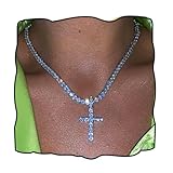Gangel Silver Vertical Cross Tennis Necklace Glittering Chain Simple Fashion Pendant Exquisite Choker Jewelry with Rhinestone for Women (Pack of 1)