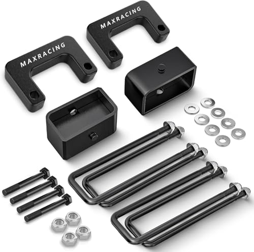 Image of 2 inch Front + 2 inch Rear Lift Blocks for Silverado Sierra 1500 Square U Bolts | 2007-2019 Chevy Silverado 1500 & GMC Sierra 1500 2WD /4WD, 2 inch Front Leveling Kit, 2 inch Rear Lift Block, Extended Square U-Bolts