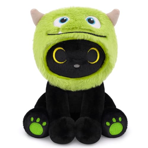 Image of Monster Cat Plush - 8 inch Black Cat Plush with Removable Green Monster Hood, Cute Plushies for Kids, Boys and Girls, Soft Cartoon Anime Stuffed Animal for Birthday Gift