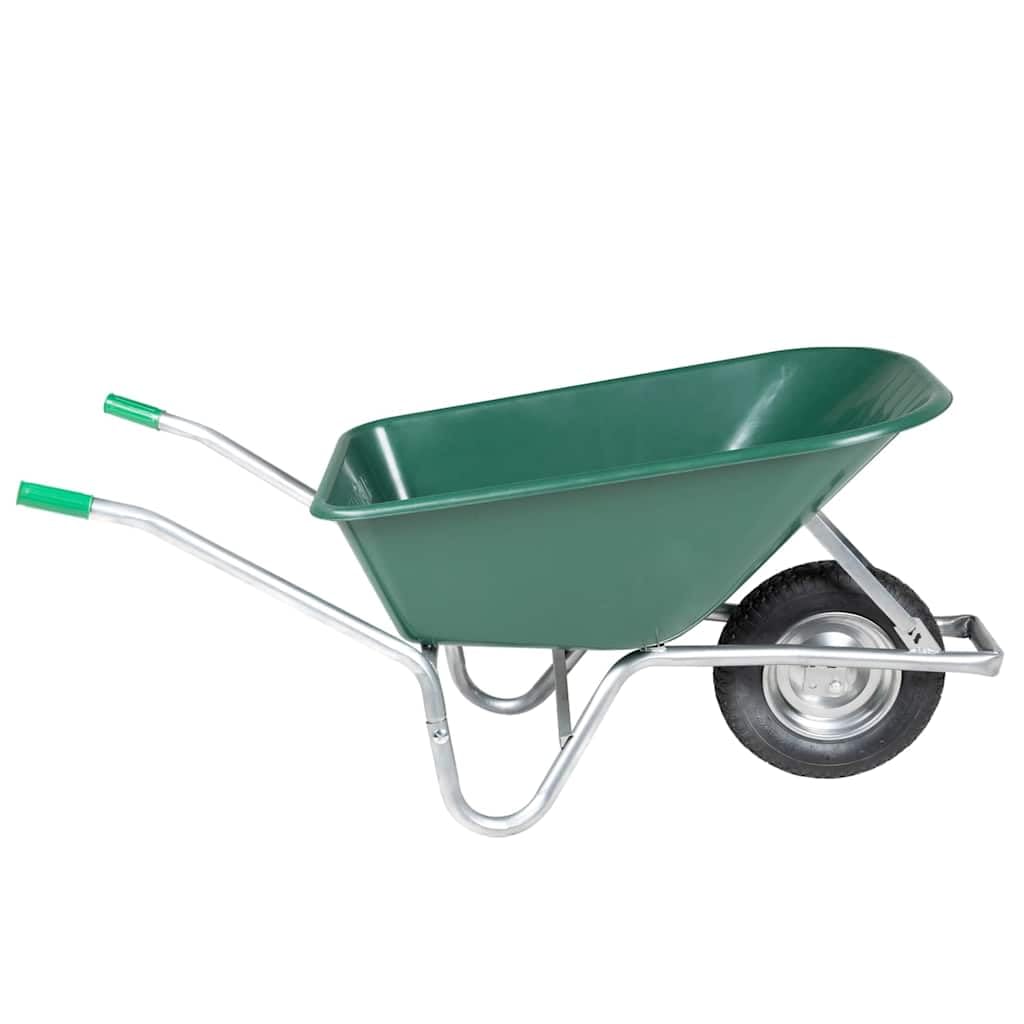 Carretilla de jardín de 90 l, 150 kg, marco de acero galvanizado, bandeja de plástico, ayuda de transporte, para tierra y madera