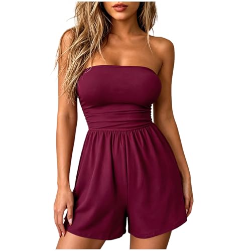 Image of OVARA Ladies Strapless Jumpsuit Summer Short Bandeau Playsuit Elegant Sexy One Piece Tube Romper Shorts Solid Plain Stretch Slim Fit Sleeveless Jump Suit for Women UK