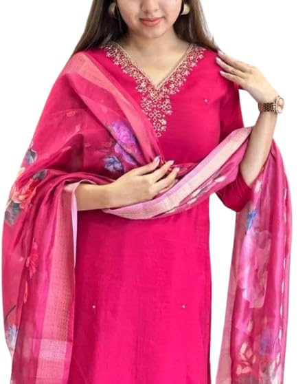 Image of Women's Chanderi Silk Kurti with Rayon Slub Pants & Dupatta | Printed Three-Quarter Sleeve Ethnic Set