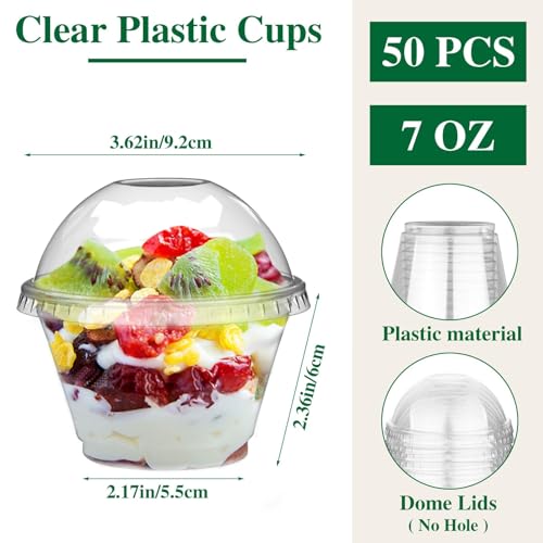 Image of 7oz 50 Set Clear Plastic Cups with Dome Lids (No Hole), Dessert Cups
