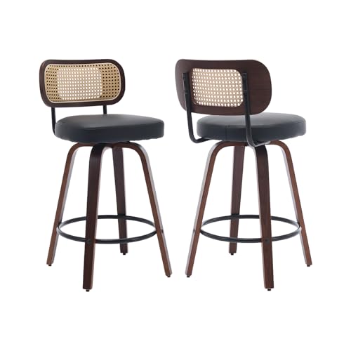 Image of Swivel Counter Height Bar Stools Set of 2, 26 inch Bar Chairs with Curved Rattan Back, Upholstered PU Leather, Walnut Craftsmanship, Mid Century Modern Counter Stools for Kitchen Counter, Black