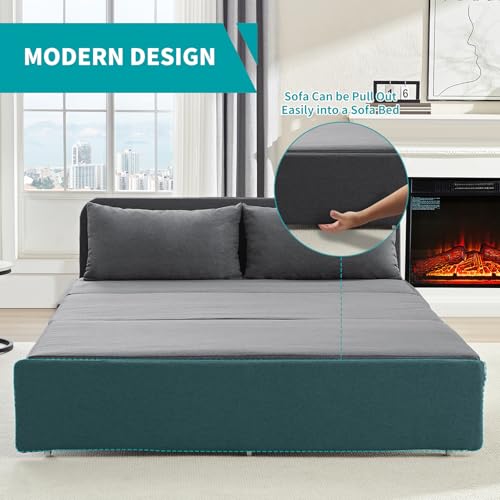 Image of BALUS 64 inch W Queen Size Sleeper Couch Bed Pull Out Sofa with Pullout Beds, 2 in 1 Convertible Linen Single Sleepers Sofas Chair with Foldable Mattress and Pillows for Small Space Apartment, Dark Grey