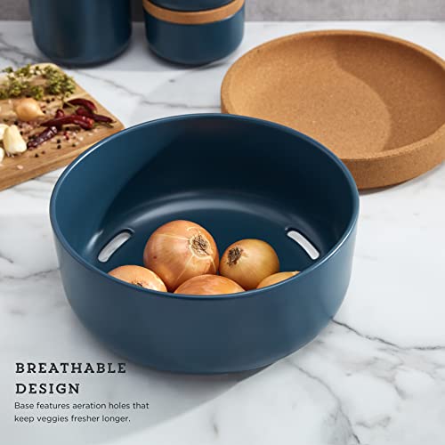 Image of Ceramic and Cork Large Breathable Produce Bowl with Lid to Naturally Extend Produce Freshness, Natural Cork and Teal Ceramic