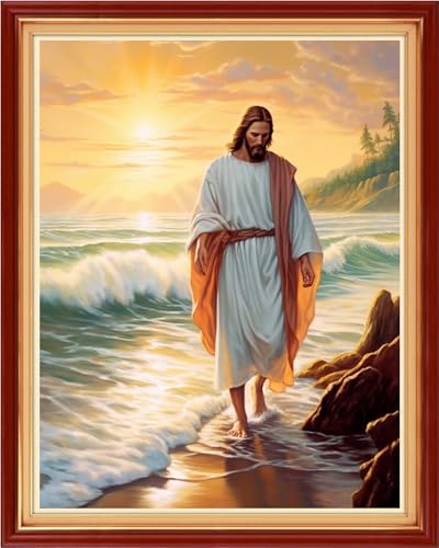 Image of Funchey Stamped Cross Stitch Kits, DIY Cross Stitch Pattern for Adults Beginners Needlepoint Kits Embroidery Kit Arts and Crafts 11CT&Jesus by the Sea 16x20 inchs