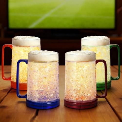 Lily's Home Double Wall Gel-Filled Acrylic Freezer Stein Mugs, Great as Old Fashion Drinking Glasses at BBQs and Parties, Clear with Assorted Color Accents (16 oz. Each, Set of 4)