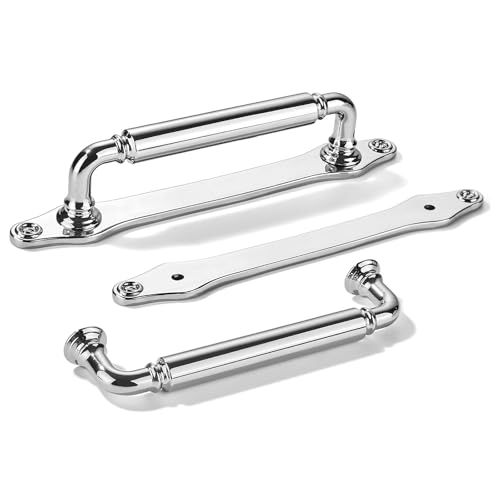 khtumeware 5 Pack 3-3/4 Inch Hole Center Polished Chrome Cabinet Pull with Backplate Solid Heavy-Duty Handles with Base Plate Cabinet Pulls for Drawer Sliding Door Charcuterie Board