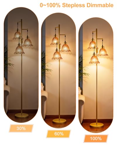 Image of Lightdot Glass Floor Lamps for Living Room, 3-Light Dimmable Floor Lamp with Rose Red Glass Shade& E12 Bulbs Included, Mid Century Standing Tall Lamp with 5Lbs Heavy Base for Bedroom /Sofa Beside-Gold