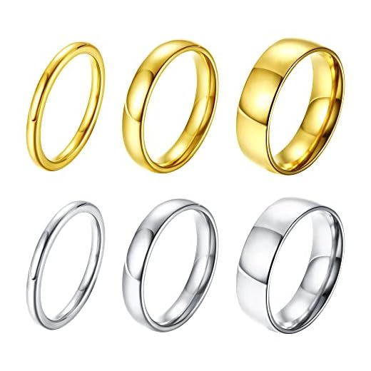 CASSIECA 6PCS Anillos de Acero Inoxidable para Mujeres Hombres Anillo de Apilamiento de Banda Sencillo Alto Pulido Liso Ajuste Cómodo Anillos de Compromiso Boda Aniversario 2 mm 4 mm 6 mm Tamaño 12-30