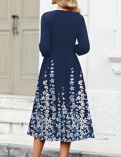 Zeagoo Wedding Guest Dress for Women Elastic Waist Lightweight Midi Dress with Pockets 3/4 Sleeve Ladies Summer Floral Pleated Dresses for Party Blue Flower
