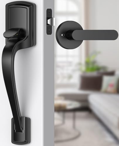 Image of Black Front Door Handle No Lock, Heavy Duty Front Door Lock Set | Exterior Door Handle No Lock for Every Deadbolt, Zinc Exterior Door Lock, Entry Handleset with Lever, Easy Install, Universal