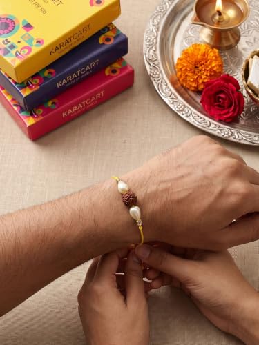 Image of Karatcart Rakhi for Brother Gold-Plated Kundan Rakhi Set of 3 with Roli Chawal