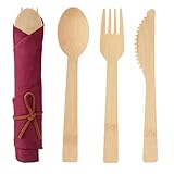 Vorgefertigtes Servietten- und Bambusbesteck-Set – 20er-Pack Bambusbesteck Holzbesteck 20 Gabeln 20 Messer 20 Löffel 20 Servietten,vorverpacktes Einwegbesteck für Partys, Hochzeiten,Veranstaltungen