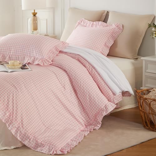 Image of Gingham Ruffle Comforter Set Queen - 3 Piece Pink Checkered Bedding Set - Aesthetic Cottagecore Ruffled Farmhouse Comforter with 2 Pillow Shams - Soft, Lightweight All Season Bedding (90 inchx90 inch)