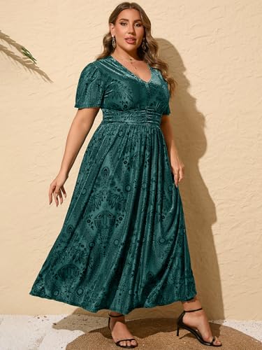 Image of Simplee Women's V Neck Velvet Maxi Dress Short Sleeve Empire Waist Long Formal Dress for Wedding Guest