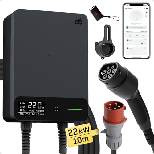 dé Typ 2 Wallbox 22kW mit APP und RFID, 6-32A 3-Phasen EV-Ladegerät 400V mit 10m Ladekabel und Kabelhalter für BEV/PHEV, RCD Typ-B & IP54-Schutz, effiziente Ladestation für Zuhause, schwarz