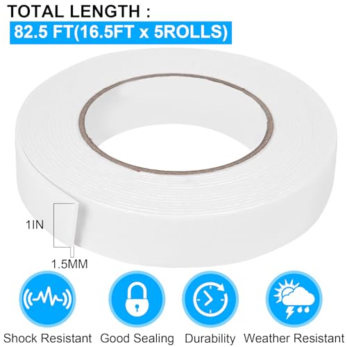 Image of Double Sided Foam Tape 1In x 16.5FT 5 Pack, Mounting Tape Heavy Duty, Strong Adhesive Weatherproof Seal Strips for DIY Craft Picture Poster, Car & Gap Filling Mountings, Home Office Decor (White)