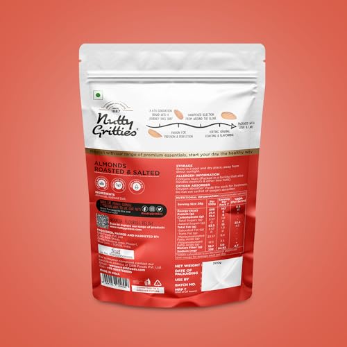 Image of Nutty Gritties California Roasted Almonds 200g (Pack of 2), Lightly Salted, Dry Roasted, Non Fried, Zero Oil, Crunchy Healthy Snack
