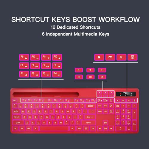 Image of Soueto Wireless Keyboard with 7-Color RGB Backlit, Full-Size Computer Keyboard with Phone Tablet Holder, 2.4G Rechargeable Gaming Keyboard with Light Up Keys, Compatible with Mac, Windows (Red)