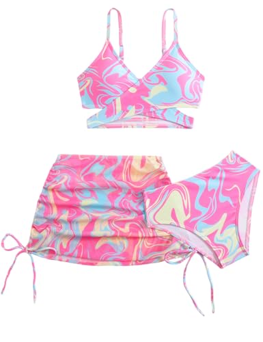 Image of KORADI Girls Swimsuit 3 Pieces V-Neck Bikini Set Printed Cross Front Bathing Suit Drawstring Cover Up Skirt 8-12 Years
