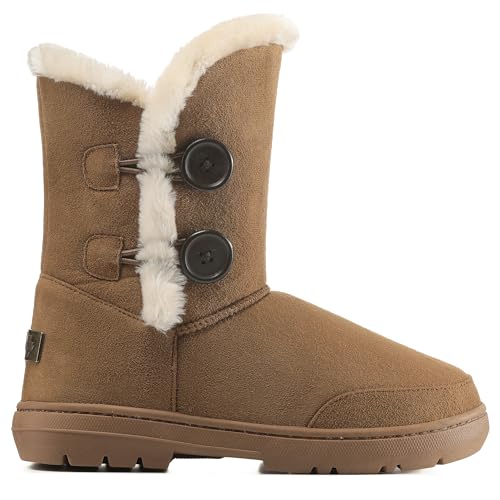 Holly Womens Waterproof Winter Snow Boots - Faux Fur Lined Warm Calf Boot with Side Button - Non Slip Sole, Insulated, Outdoor Walking Footwear - Tan - UK7/40