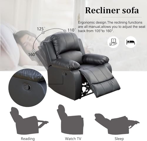 Image of Oversized Recliner Chair, Leather Recliner Chairs with Home Theater Seating, Extra Wide Lazy Boy Reclining Chairs for Adults Reading Gaming Leisure Relax, Bedroom, Black