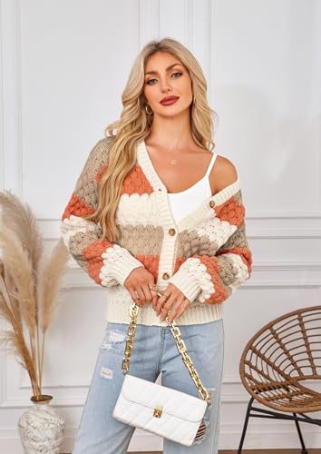 ECOWISH Women's Cropped Cardigan Sweaters 2025 Fall Striped Color Block Long Sleeve Button Up Knit Sweater Y2k Coats4