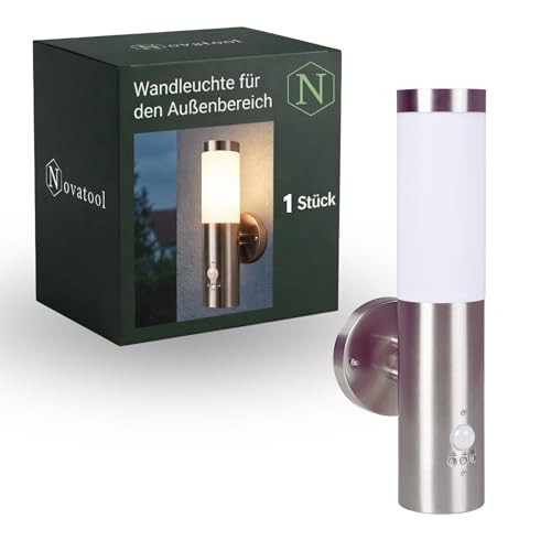 Novatool Wandleuchte I mit Bewegungsmelder I Edelstahl IP44 I E27 Sockel I 7,8x14,5x36 cm I Außenlampe Außenleuchte Garten Wandlampe Wandstrahler Außen Außenbeleuchtung Lampe Außenbereich