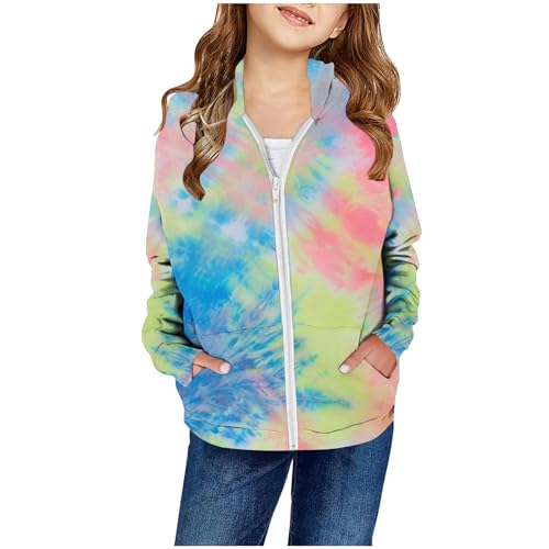 Girls Zip Up Hoodies Cute Tie Dye Print Hooded Sweatshirts Long Sleeve Jackets with Pockets Fall Kids Coat 2-14 Years