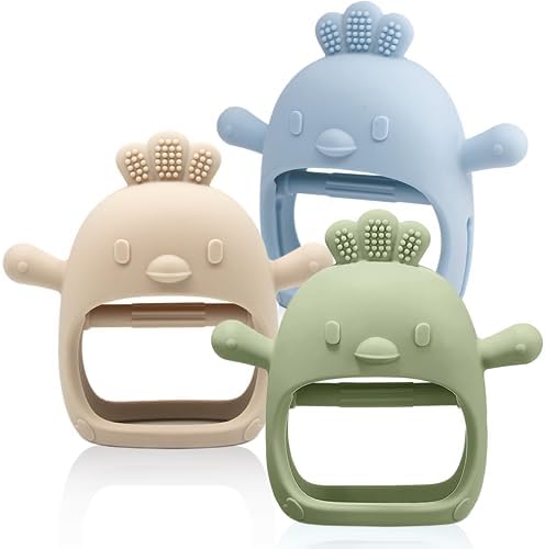 3 Pack Baby Teething Toy Silicone Teething Mitten for Babies Over 3 Months Anti Dropping Wrist Hand Teethers Baby Chew Toys for Sucking Needs, BPA Free (Olive, Caramel & Blue)
