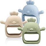 3 Packs Baby Teething Toy Silicone Teething Mitten for Babies Over 3 Months Anti Dropping Wrist Hand Teethers Baby Chew Toys for Sucking Needs, BPA Free (Olive, Caramel & Blue)