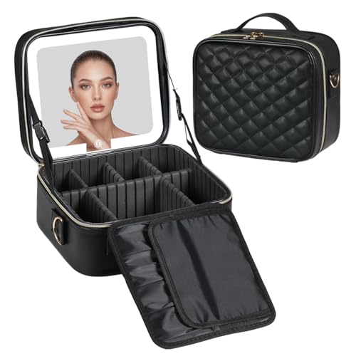 BEAUTY CASE Makeup Bag with Led Mirror 10 Inch Portable Cosmetic Vanity Organizer Case with Adjustable Dividers USB Charging Large Capacity Ideal for Travel Gift for Women Girls Black