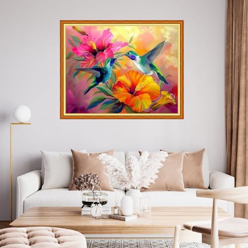 Image of Funchey Stamped Cross Stitch Kits, DIY Cross Stitch Pattern for Adults Beginners Needlepoint Kits Embroidery Kit Arts and Crafts 11CT-Hummingbirds Collect Honey 16x20 inchs