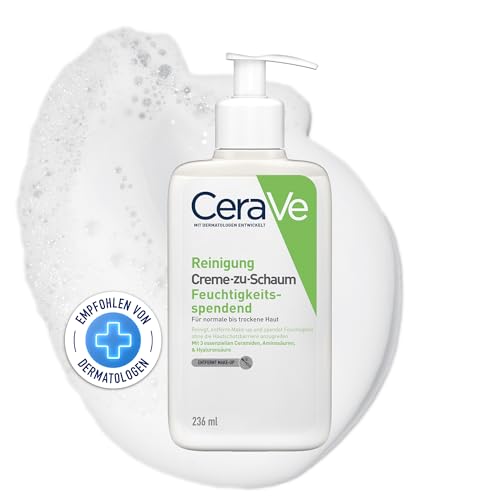CeraVe Creme-zu-Schaum Reinigung, Feuchtigkeitsspendende Reinigungscreme, Für normale bis trockene Haut, Entfernt Schmutz und Make-up, Mit Hyaluron und Ceramiden, 236 ml CeraVe Creme-zu-Schaum Reinigung, Feuchtigkeitsspendende Reinigungscreme, Für normale bis trockene Haut, Entfernt Schmutz und Make-up, Mit Hyaluron und Ceramiden, 236 ml