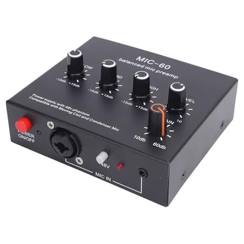 Microphone Preamp with 3 Input 60dB Gain 48V Power, Mic Gain Booster for Condenser Dynamic Mic Cover