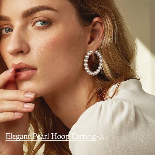 5MM Thick Pearl Hoop Earrings for Women, Lightweight Pearl Earrings with 925 Sterling Silver Post, Hypoallergenic Pearl Hoop Earrings 20/30/55MM…2