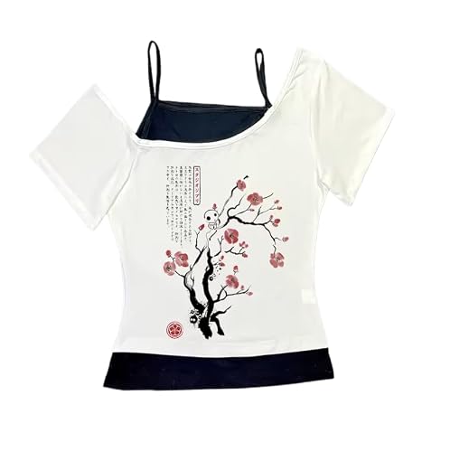 Women's Y2k Japanese Ink Cherry Blossom Off Shoulder Top Anime Inspired Casual Tee for Summer Outfits (White1,Small)