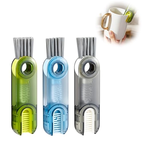 wilcractk 3 Stück 3 in 1 Reinigungsbürste mit Harte Borsten, Flaschenbürste, Multifunktionales Becherdeckel Reinigungsbürsten Set, Strohhalmen, Flaschen und Enge Räume (Blau, Grau, Grün)