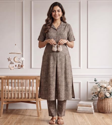 Image of DUMMY SHAPE Feeding Dresses for Women Full Set | Cotton Blend Maternity Kurta Pant Suit with Dual Nursing Zippers, Side Pocket to Pre & Post Pregnancy | Mom to Be Gifts