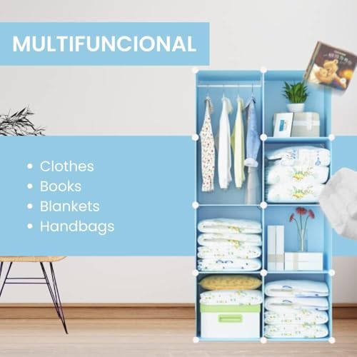 Image of KRISHYAM Kids Modular Storage Cabinet with Cartoon Animal Doors,12 Cube Plastic Wardrobe Organizer, DIY Closet System with Hanging Rod, Toy & Clothes Storage (Blue Animal Print, 12 Box)