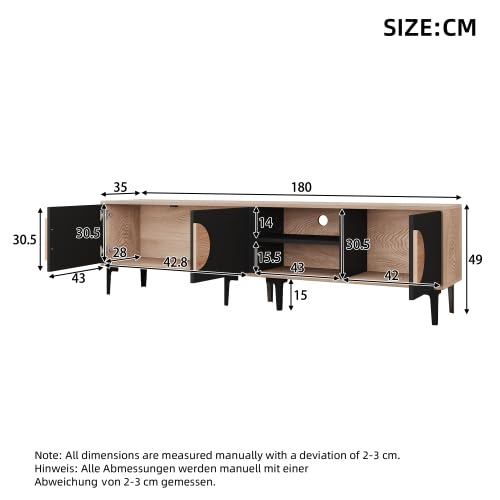 Merax Mueble para TV de 180 x 35 x 49 cm, armario bajo para televisor de 80 pulgadas, armario para televisión con 2 armarios y estantes abiertos, color madera natural y negro, soporte de TV para salón