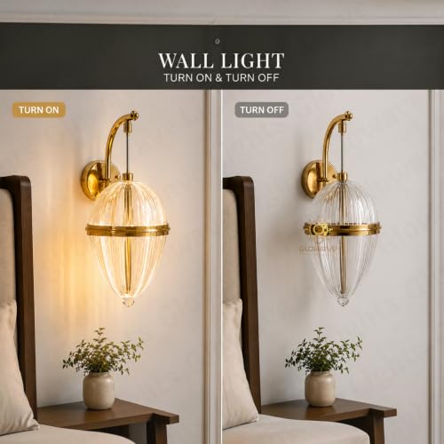 Image of Glowave Modern Gold Ribbed Oval Acrylic Shade Wall Light with Crystal Accent for Bedroom, Living Room, Bedside, Hallway & Hotel - Tricolour (White, Warm White, Natural White) (T212 /1W)