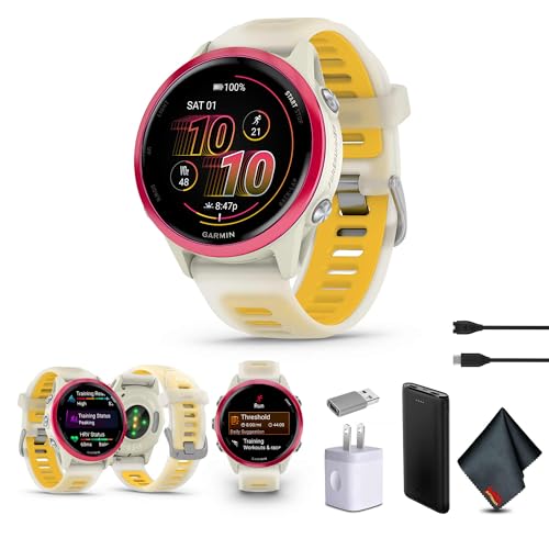 Garmin Forerunner 570 Running Smartwatch 42MM WiFi GPS Fitness Smart Watch for Men and Women Raspberry Aluminum with Translucent Bone/Mango Band Bundle with P-Bank + More