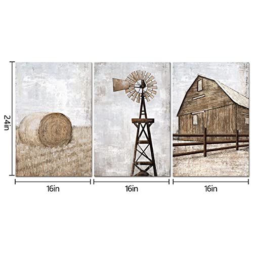 Homeoart Farmhouse Wall Art Rustic Barn Windmill Cornfield Pictures Countryside Rural Landscape Painting Canvas Artwork Stretched And Framed Ready To Hang Home Decor 16"X24"X3 Pieces #TOP4