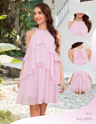 Image of DRESSTELLS Women's Cocktail Ruffle Tiered Dresses, Formal Wedding Guest Holiday Party Halter Mini Dress