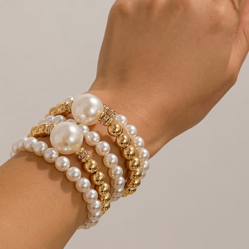 Chunky Pearl Bracelets for Women Stackable Gold Pearl Beaded Stretch Bracelets Exaggerated Big Pearl Ball Bracelet Set Trendy Birthday Jewelry Gifts4