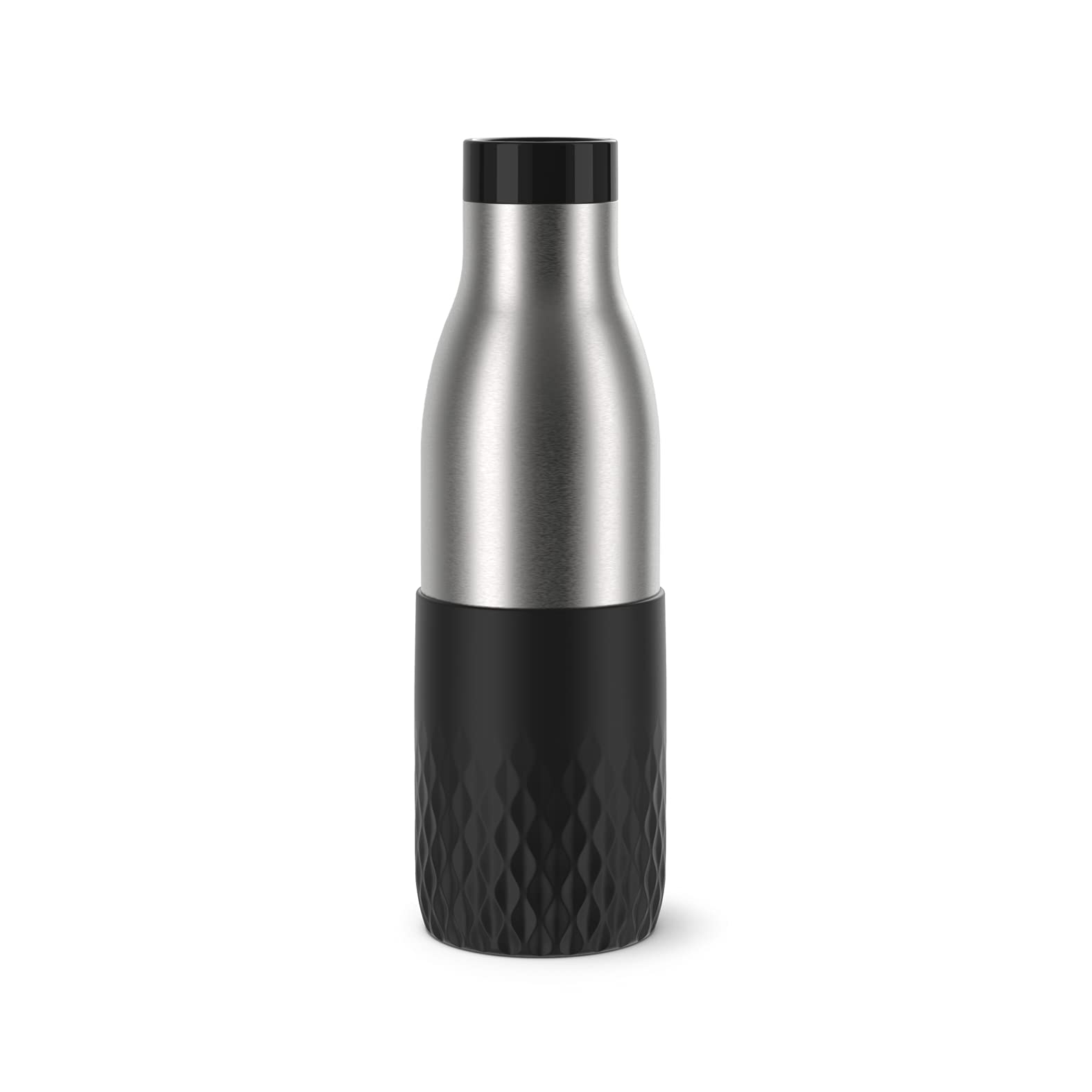 Emsa Bludrop Sleeve Isolier-Trinkflasche, 0,5 Liter, 100% dicht, Quick-Press Verschluss, Ergonomischer 360° Trinkgenuss,12h warm, 24h kühl, spülmaschinenfest, Edelstahl, Schwarz, N31105